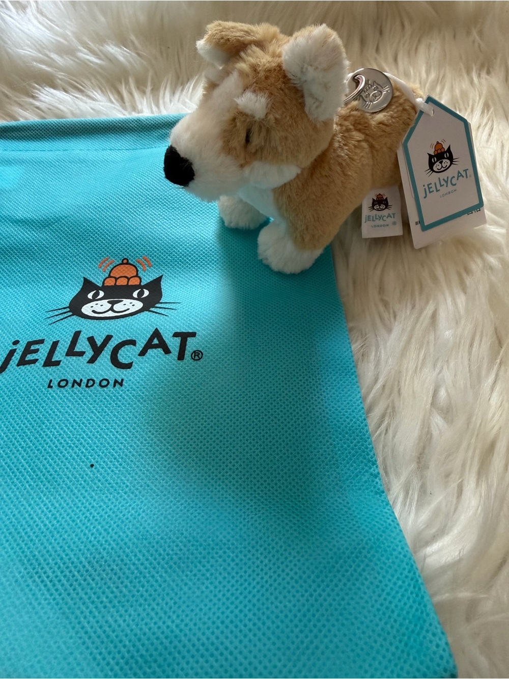 Jellycat Tan and White Corgi Plush Keychain with Black Nose - Picture 3 of 4
